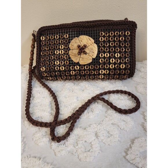Handmade Brown Crochet Coconut Shell Beaded Flower Small Crossbody Bag Resort - Picture 4 of 7